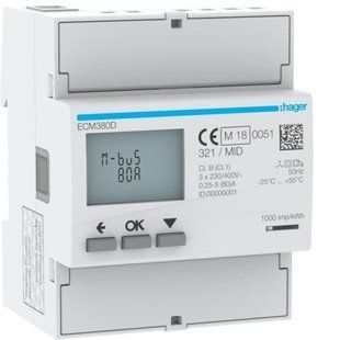Счетчик электроэнергии трехфазный HAGER ECM380D 80А, 4М, MBUS MID для технического учета ECM380D-HAGER фото