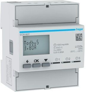 Электроэнергосчётчик однофазный HAGER ECR180T 3х80А, 4М, MODBUS, на DIN-рейку ECR180T-HAGER фото